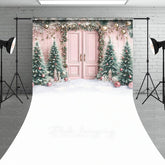 Aperturee - Aperturee Pink Christmas Door Sweep Backdrop Flocked Trees with Rose Gold Ornaments Whimsical Holiday Photo Floor Drop